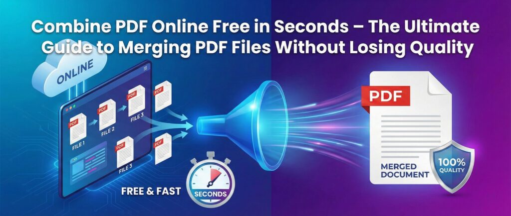 Combine PDF online free tool banner showing multiple PDF files merging into one document with fast, secure, and no watermark features.